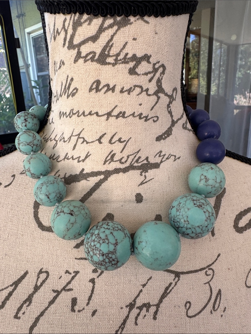 Trina Turk Turquoise and Navy Chunky Bead Necklace with magnetic clasp.